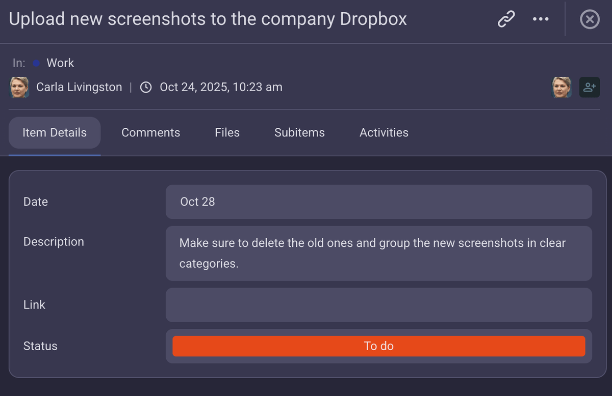 Item details in Plaky