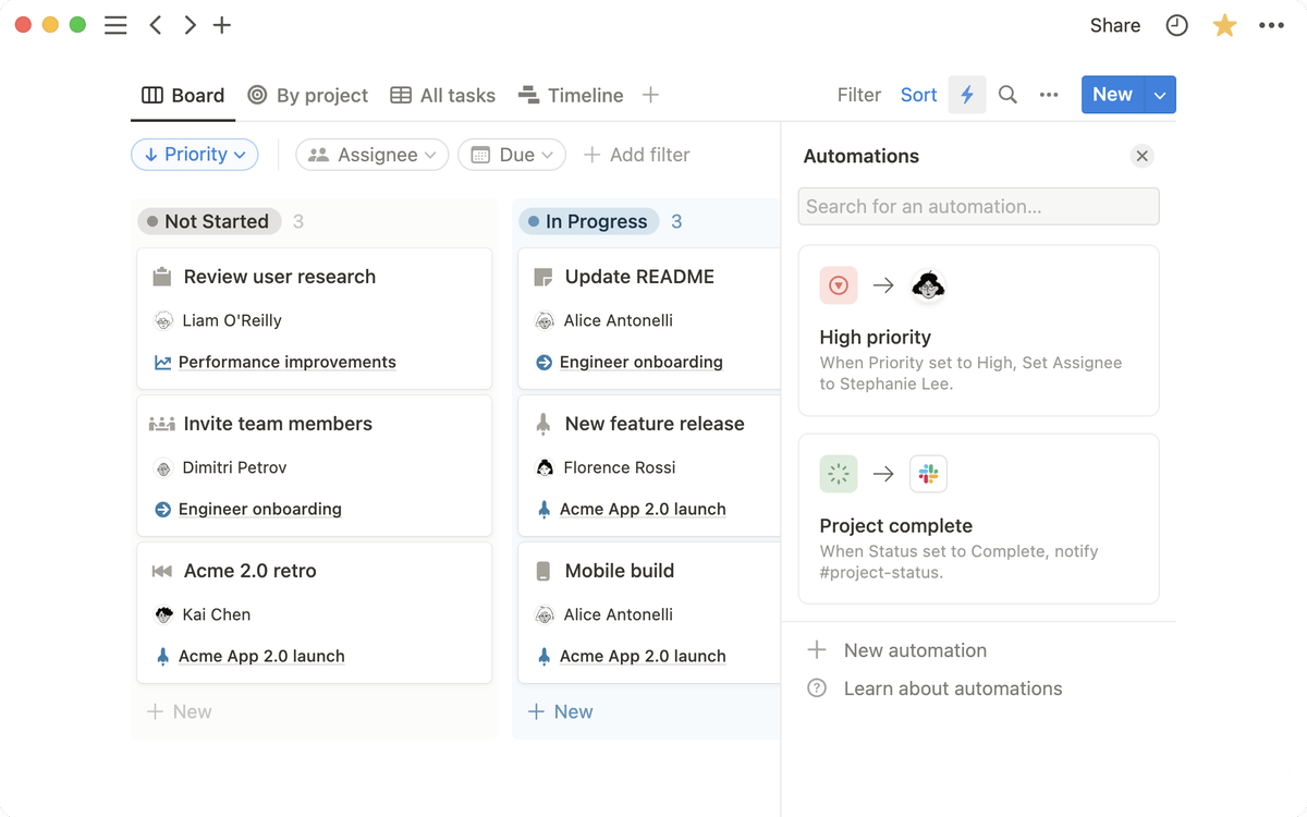 Database automations shown in Notion productivity software