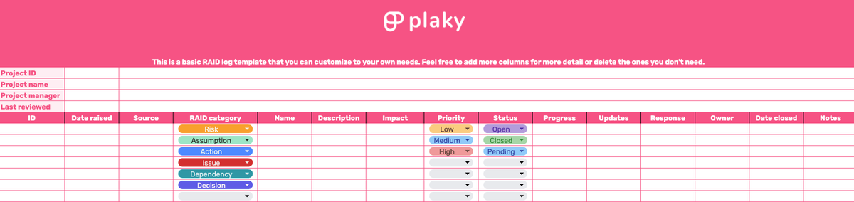 Plaky’s free RAID log template