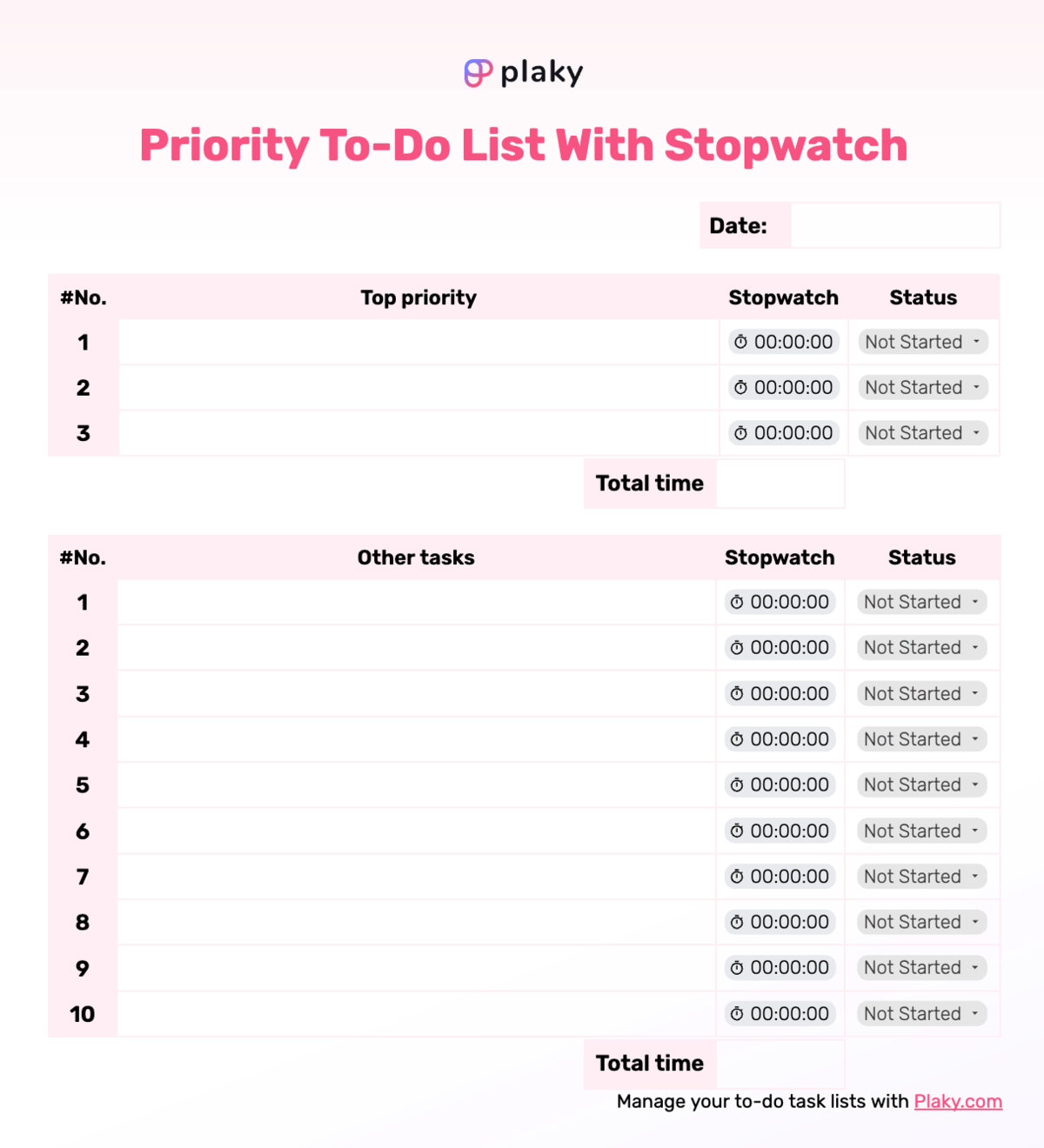 Priority to-do list template with stopwatch