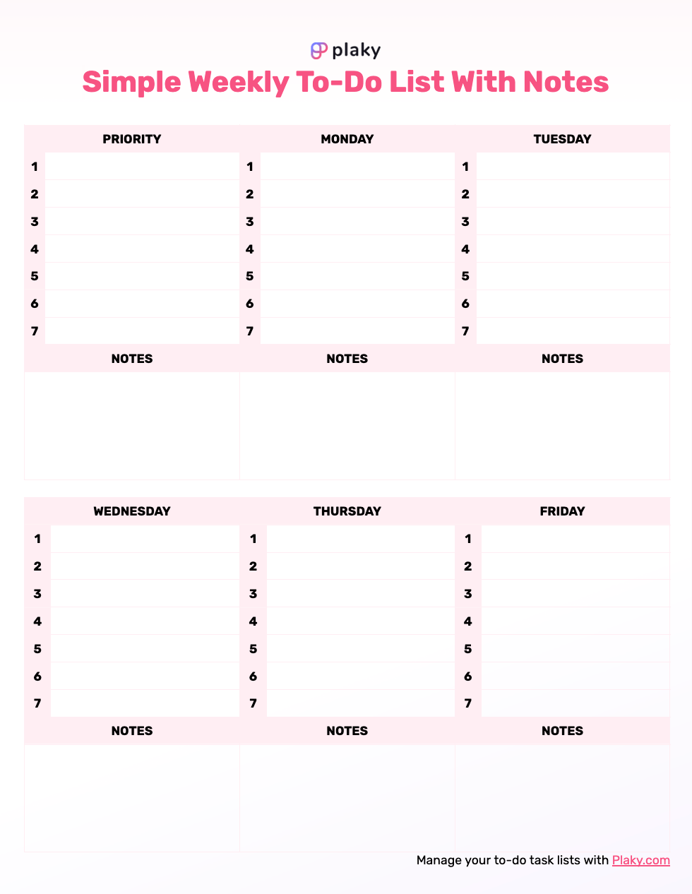 Simple weekly to-do list template with notes