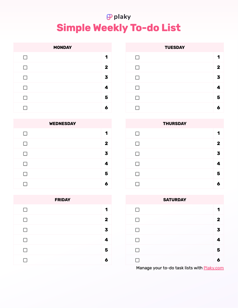 Simple weekly to-do list template
