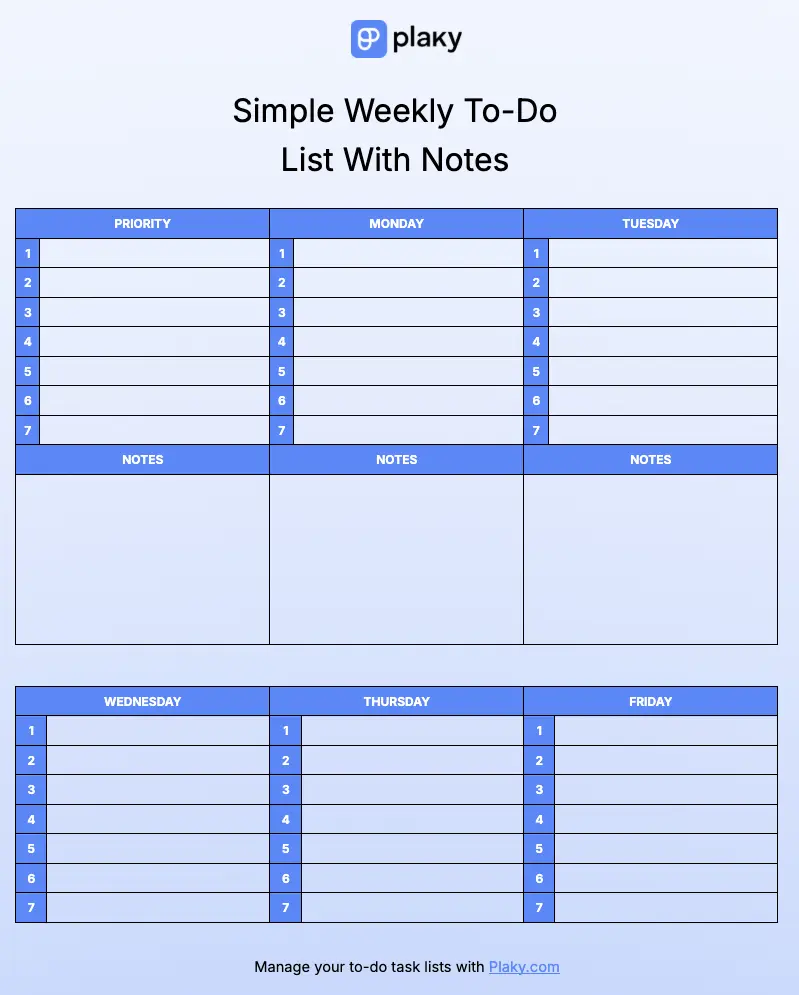 Simple weekly to-do list with notes