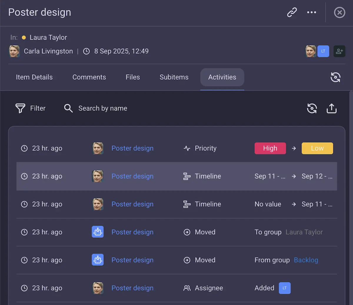 Plaky's activity log