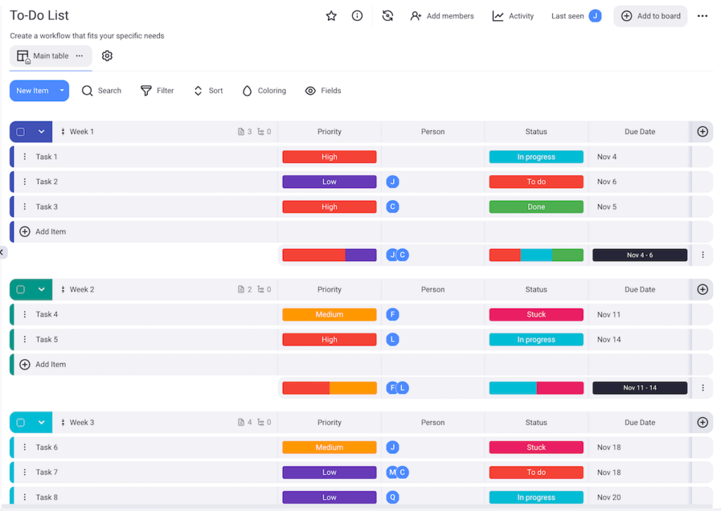 Example of a to-do list shown in Plaky project management software