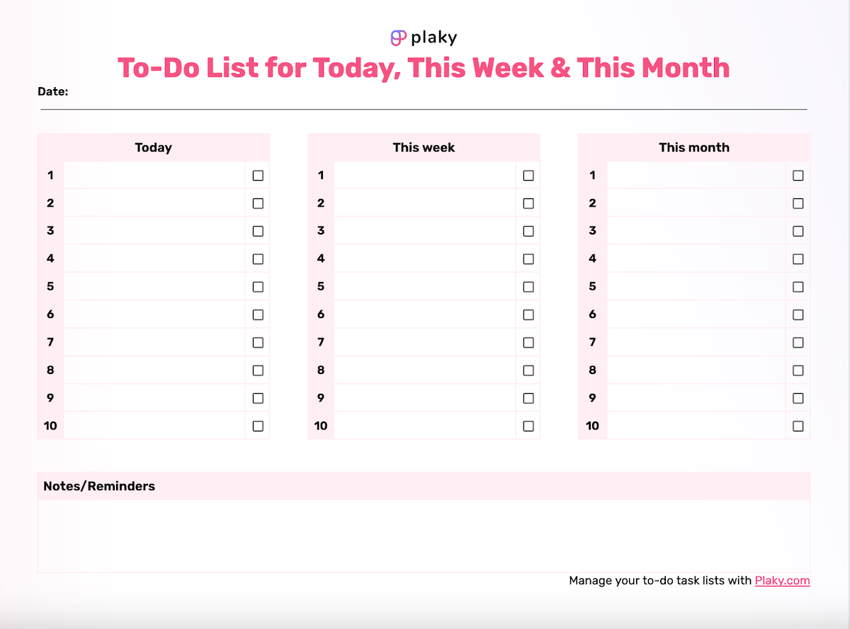 To-do list template for today, this week, and this month