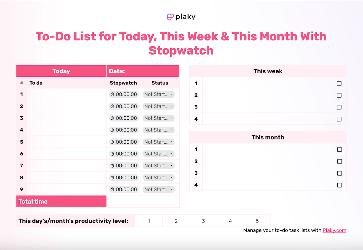 To-do list template for today,this week, and this month with stopwatch