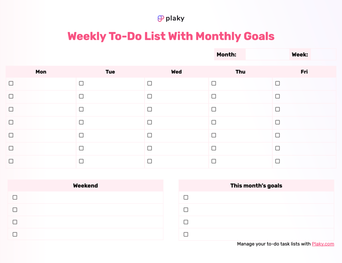 Weekly to-do list template with monthly goals