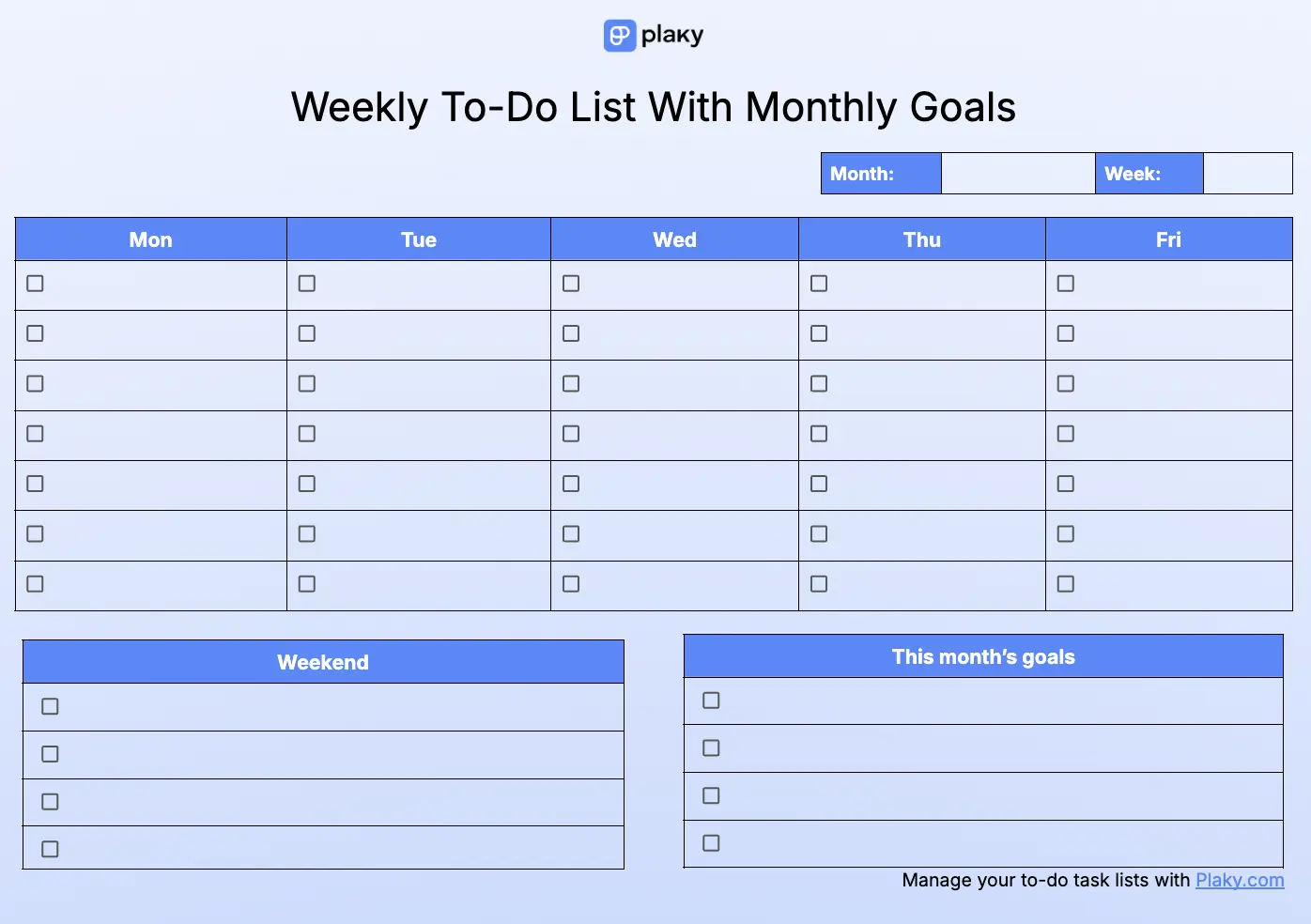 Weekly to-do list with monthly goals