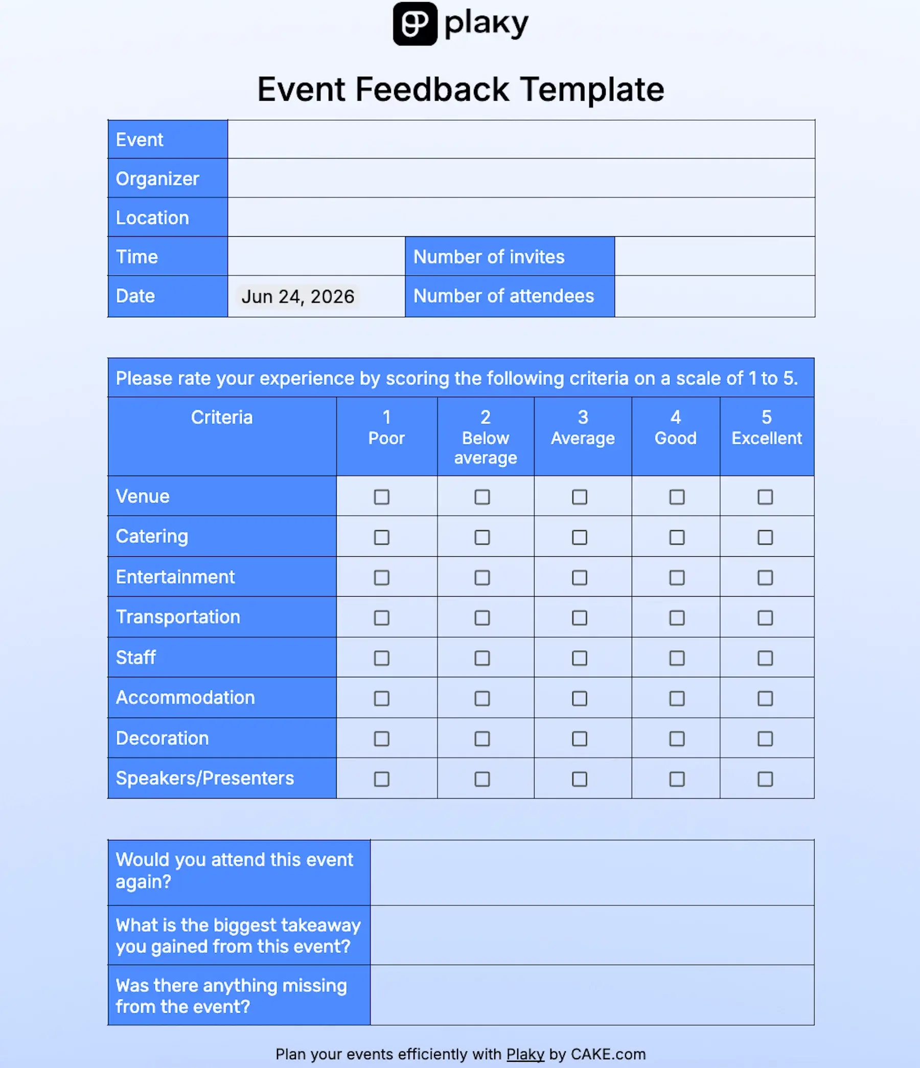 Event feedback template