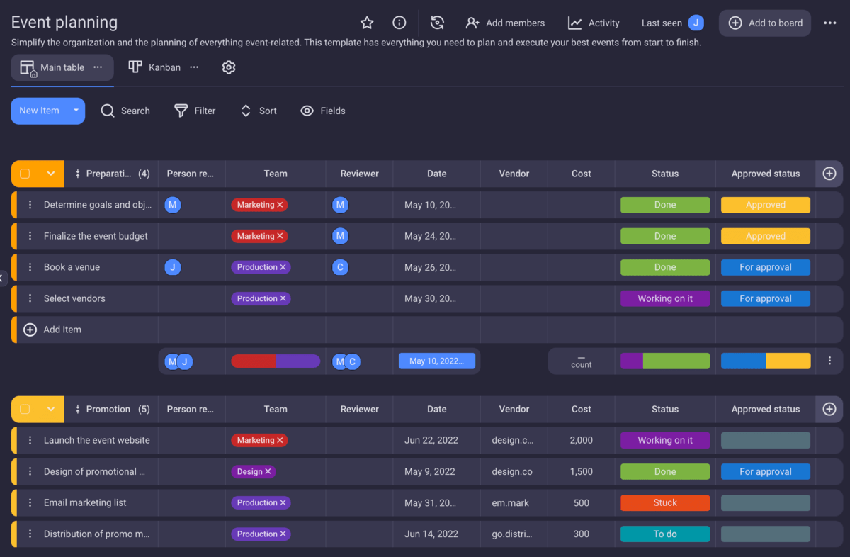 Event planning template in Plaky