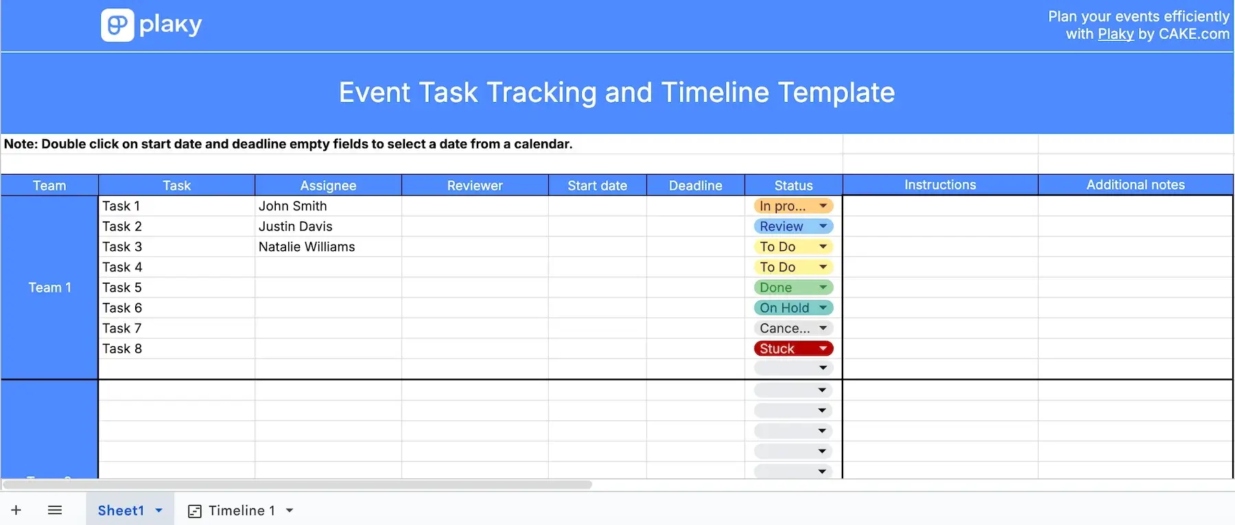 Event task tracking and timeline template