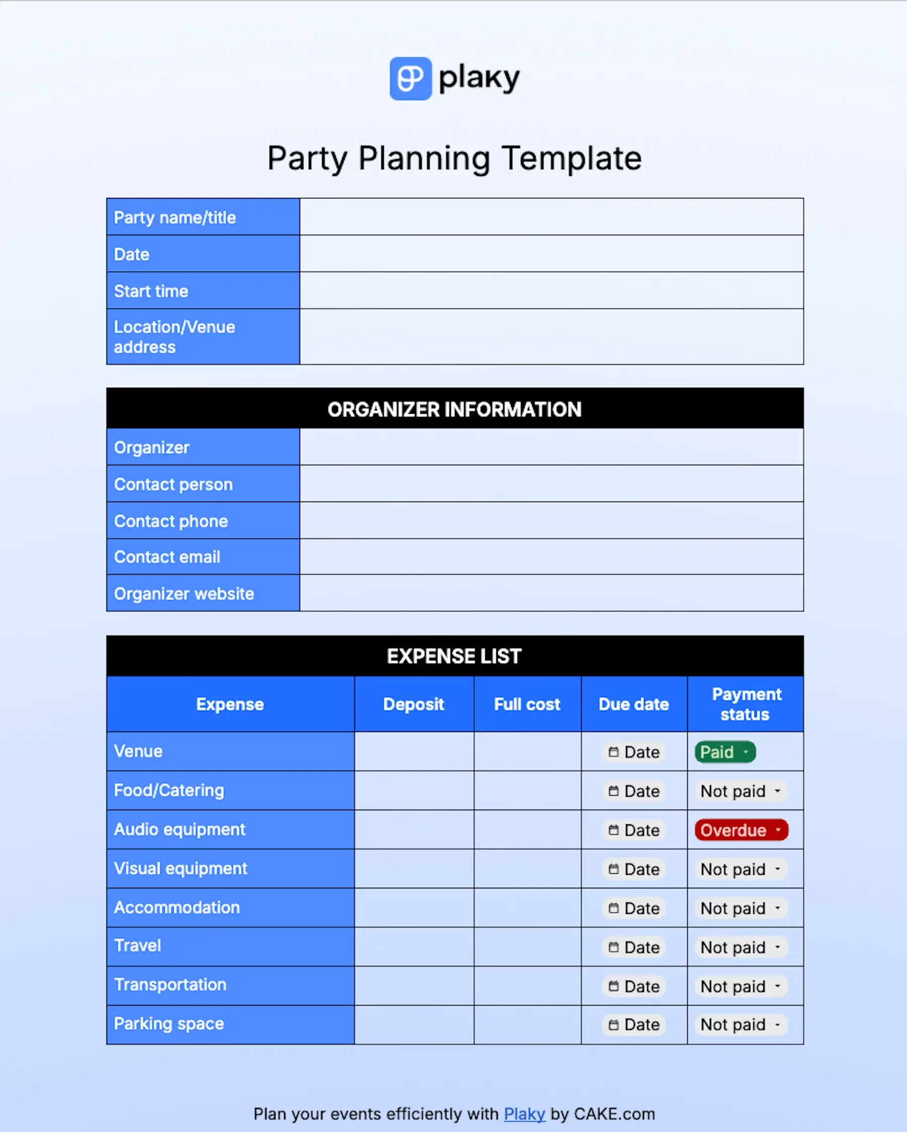 Party planning template