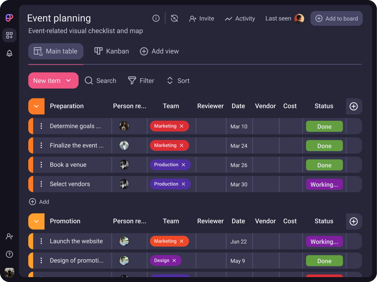 Event planing template in Plaky