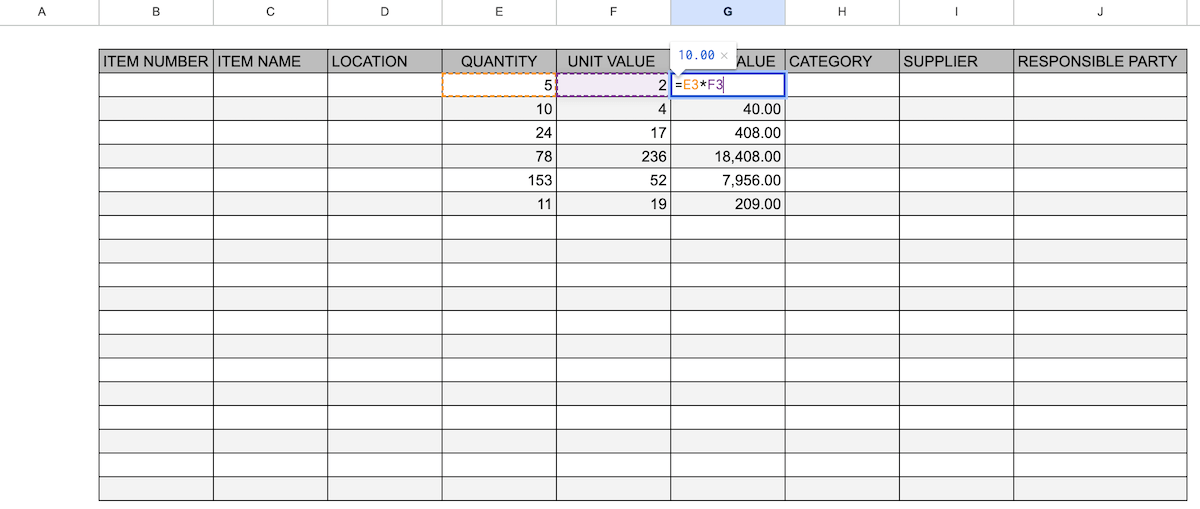 Using a formula to calculate the total value of inventory items in Google Sheets