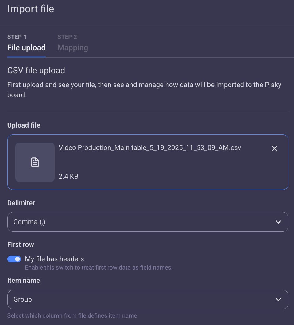 File import settings in Plaky project management software