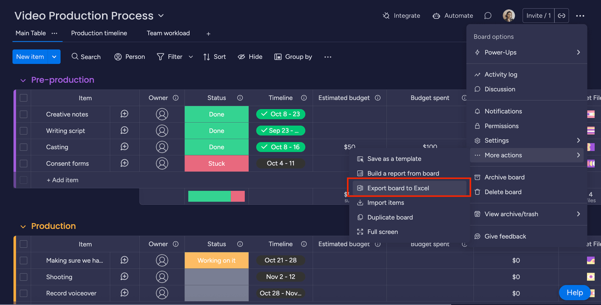 Exporting a monday.com board to Excel