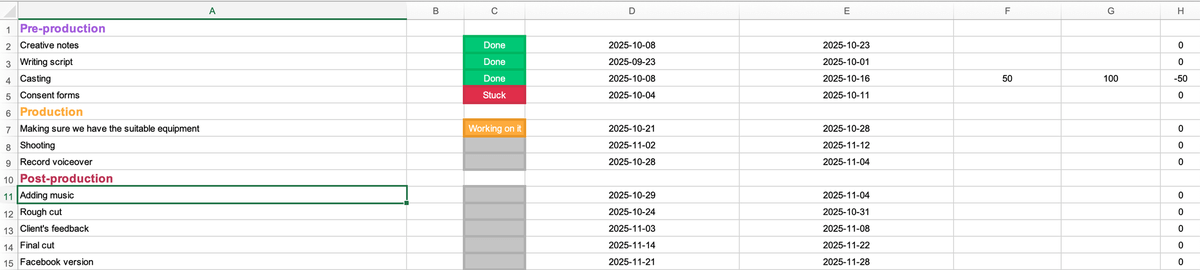 Example of a monday.com Excel file after the cleanup
