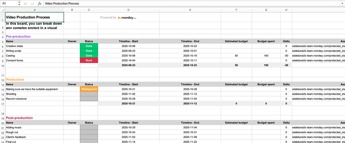 Example of a monday.com Excel file before the cleanup