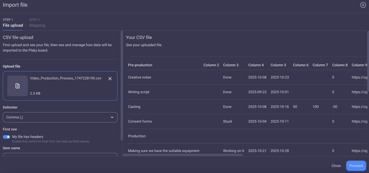 CSV file preview in Plaky project management software