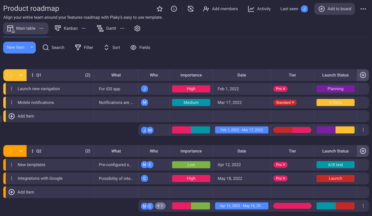 Product roadmap in Plaky