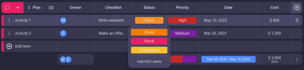 Tracking progress in Plaky project management software