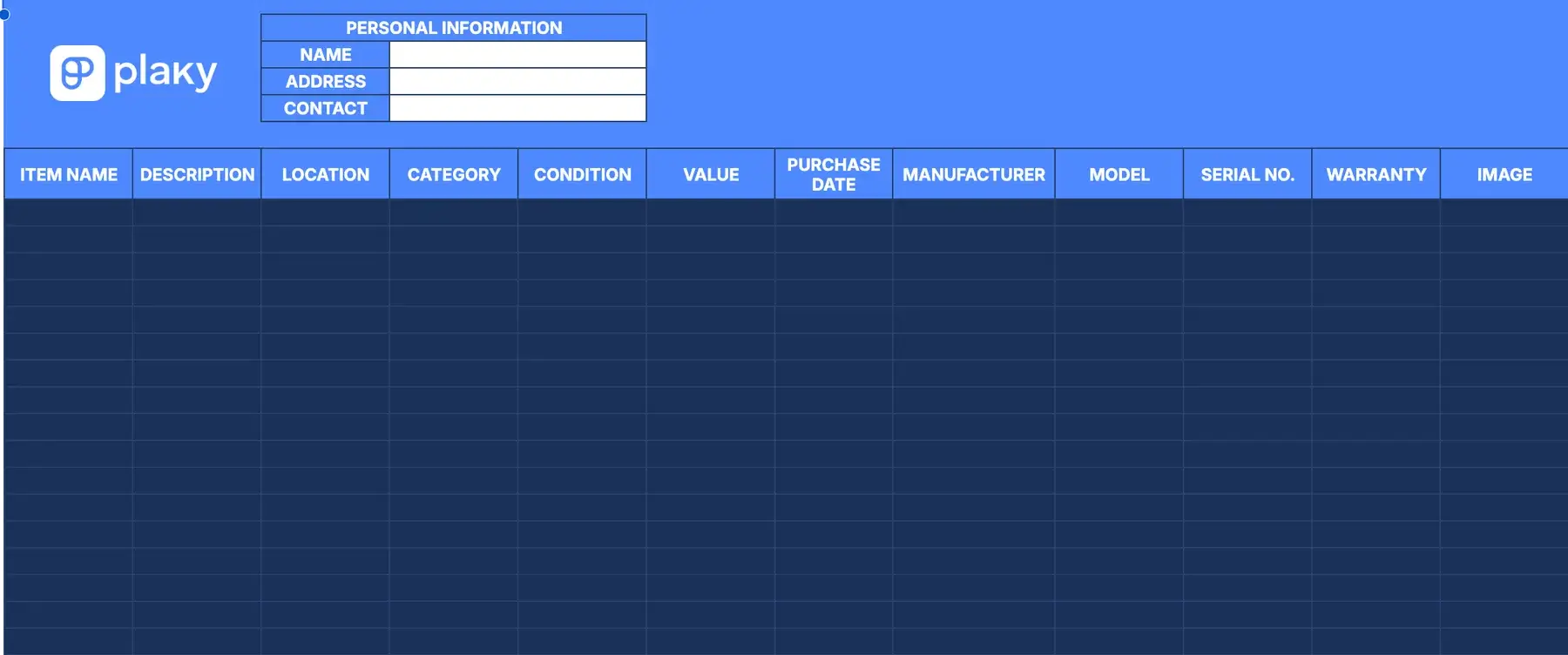 personal inventory sheet template