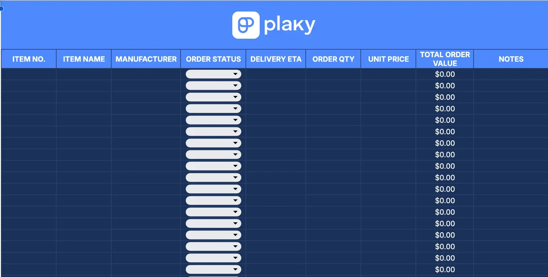 Purchase order & inventory sheet template