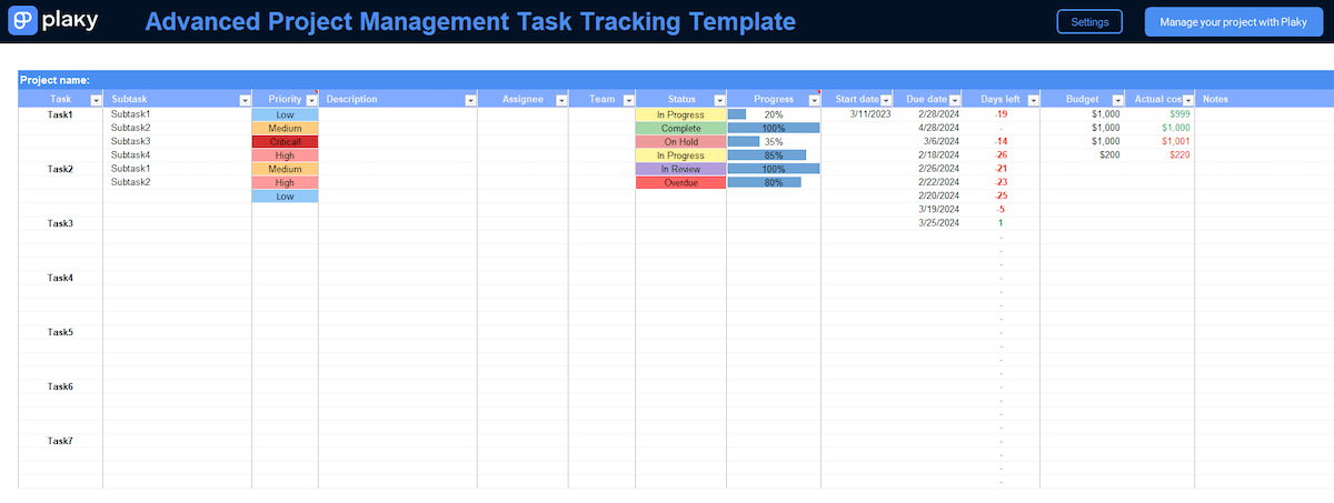 Advanced Project Task Tracking Template