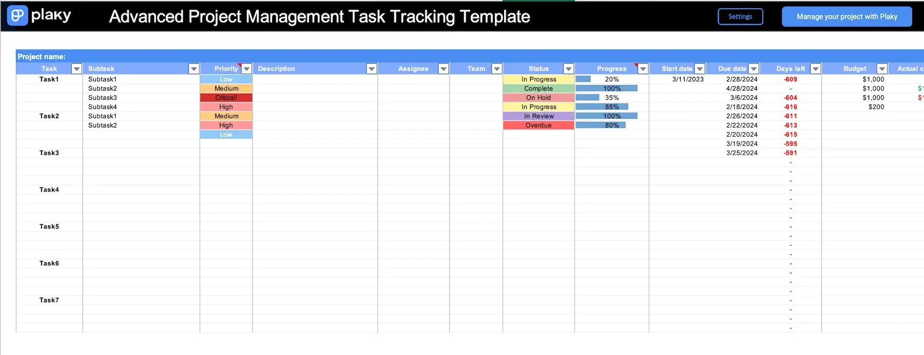 Advanced project task tracking template in Excel