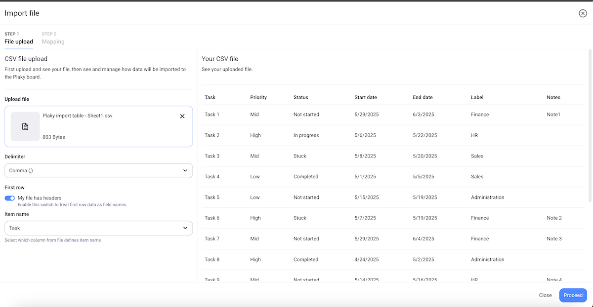 An example of an imported CSV file in Plaky project management software