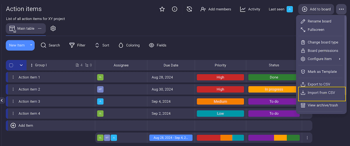 Importing a CSV file into an existing board in Plaky project management software