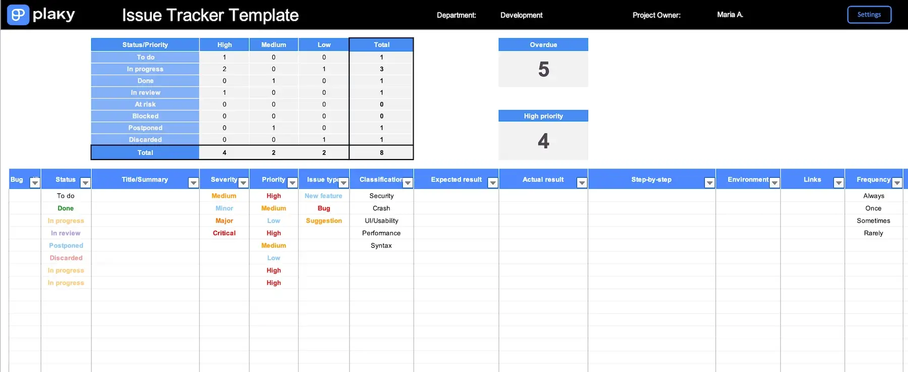 Issue tracker template in Excel