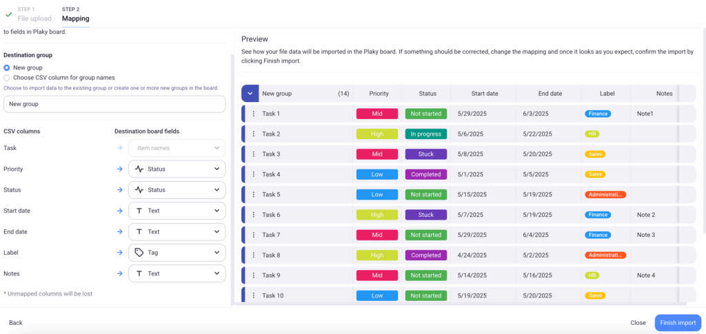 Mapping data in Plaky project management software