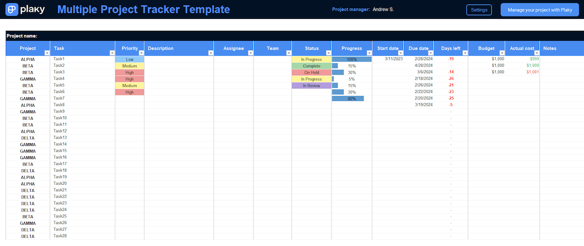 Multiple Project Tracker Template