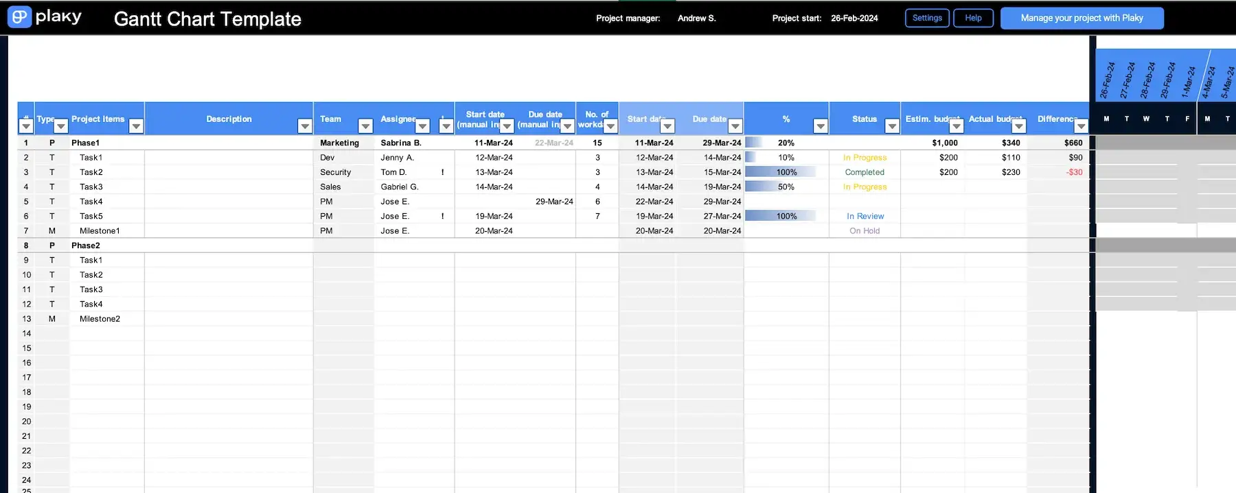 Gantt chart template in Excel