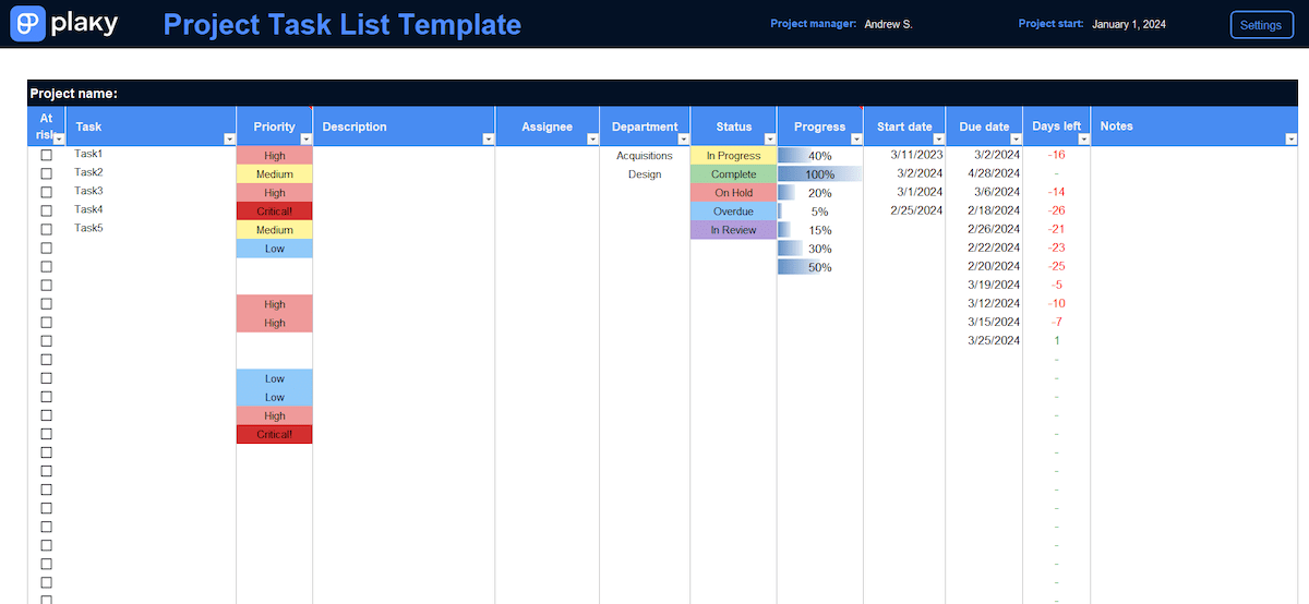 Project Task List Template