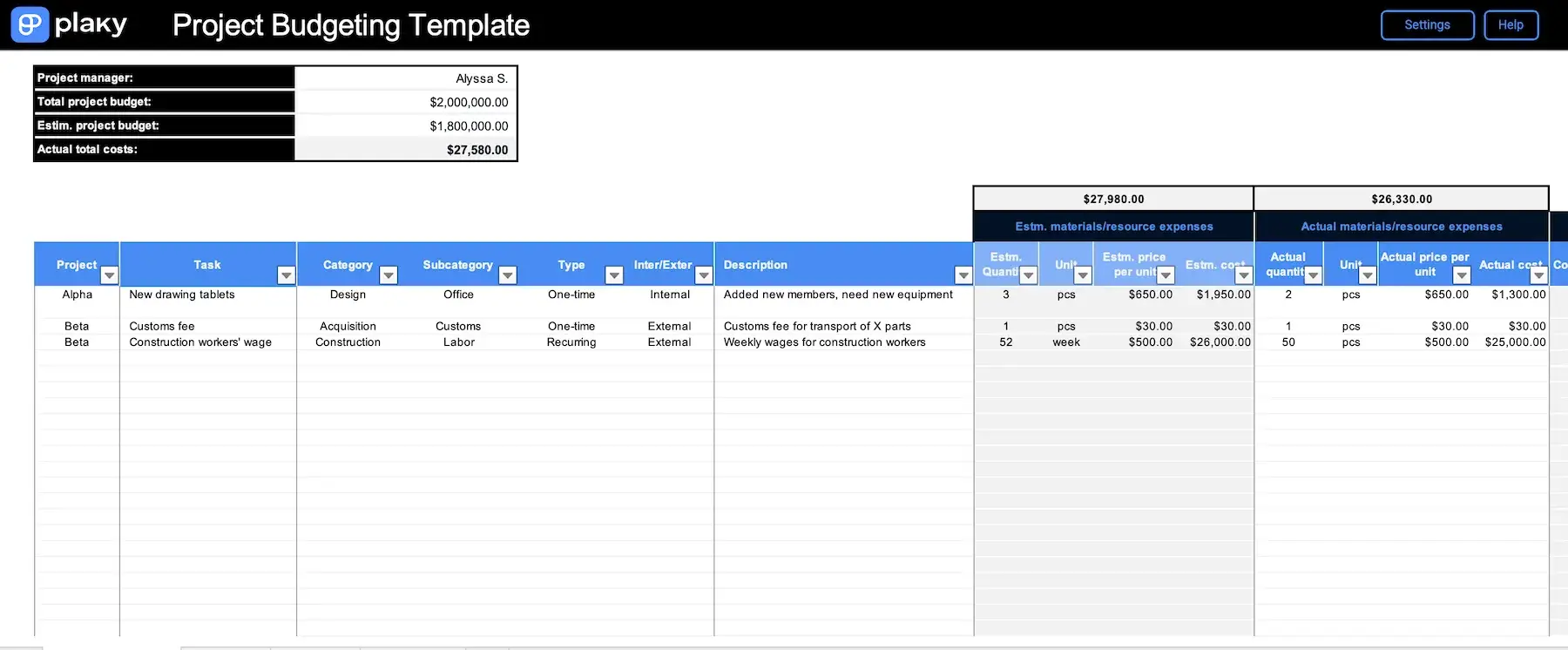 Project budget template in Excel