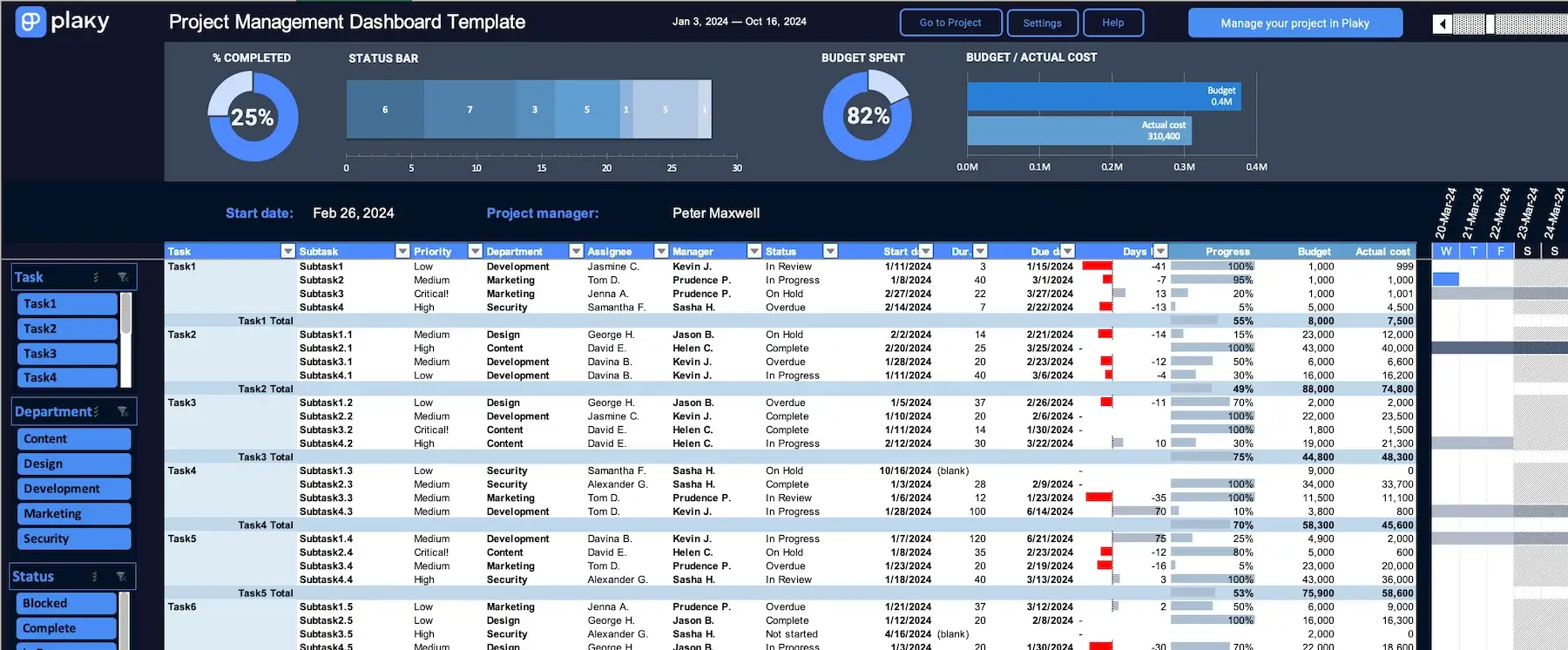 Project dashboard template in Excel — single project