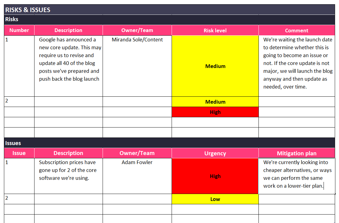 Example of risks and issues in a project status report