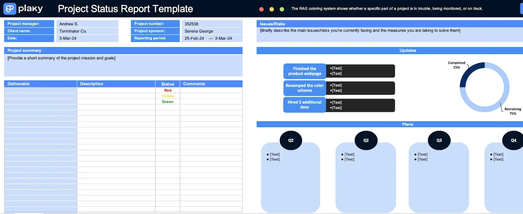 Project status report template in Excel