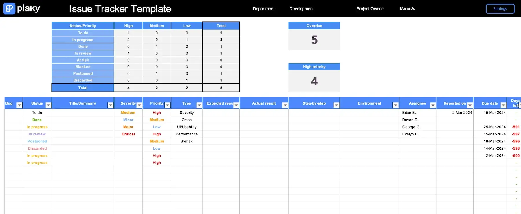 Simple issue tracker template in Excel