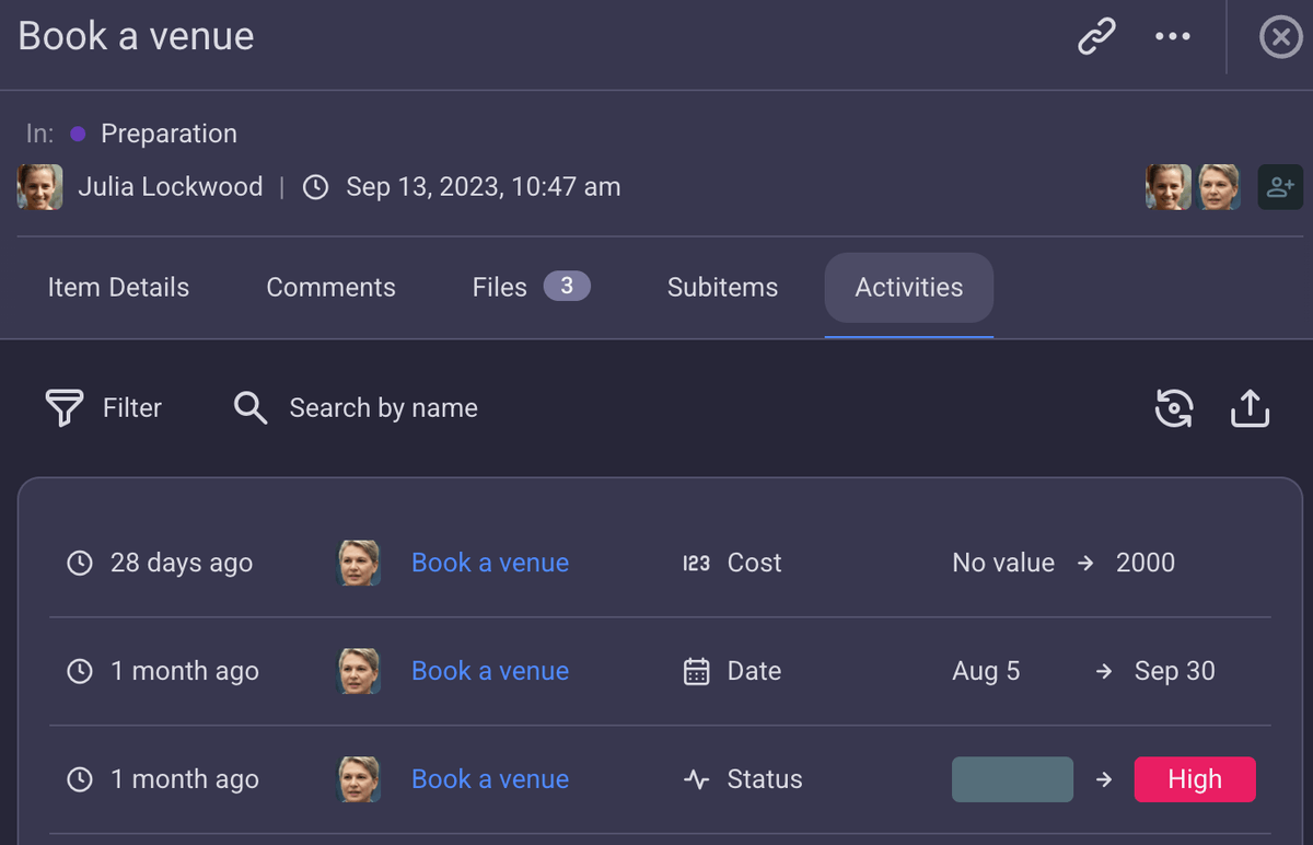 Activity log in Plaky