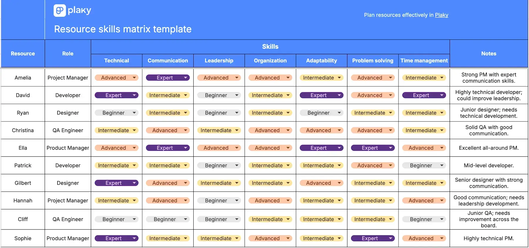 Resource skills matrix template
