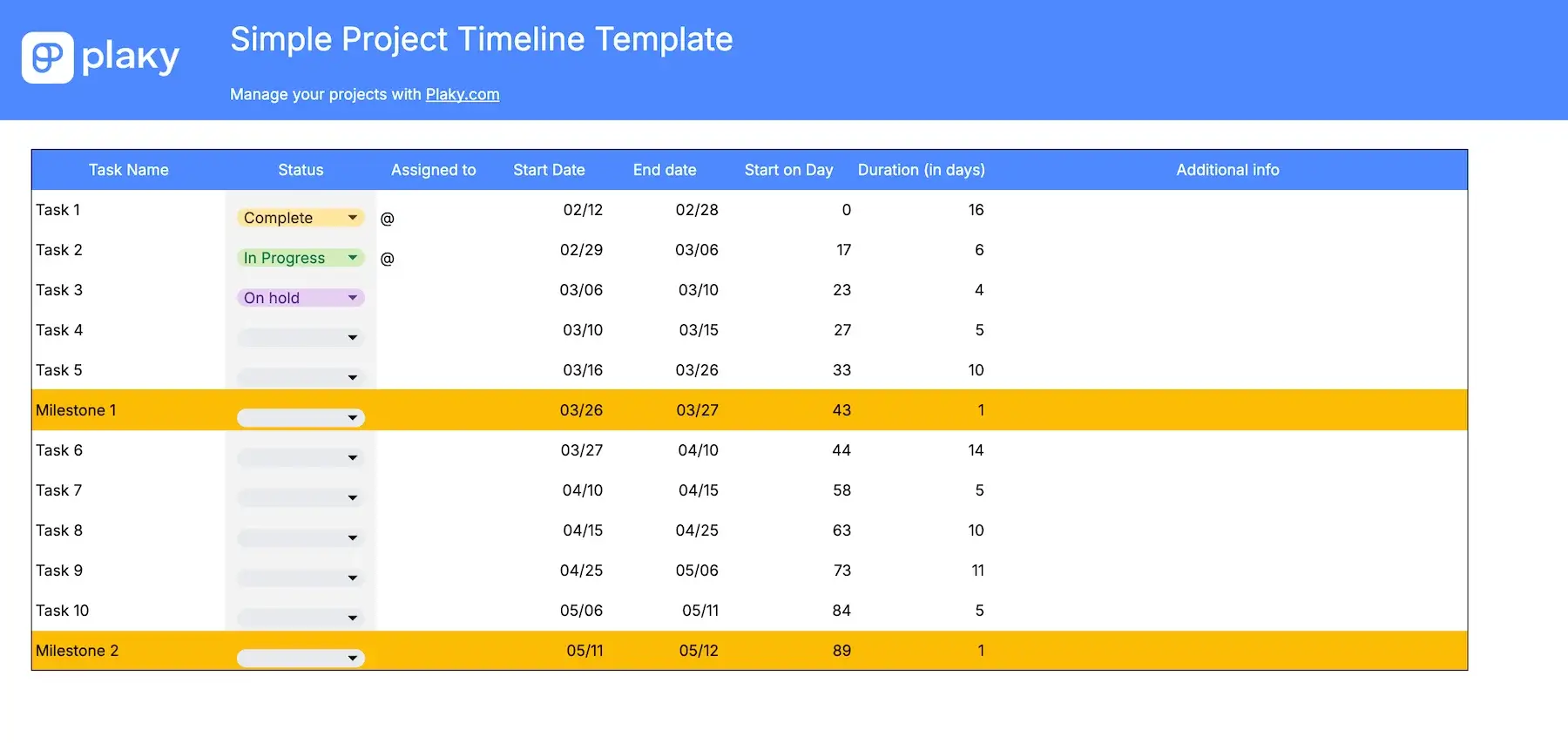 Simple project timeline template