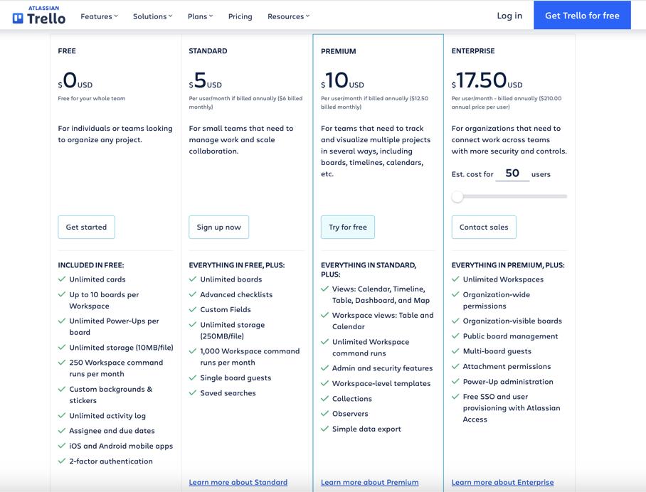 Trello pricing plans