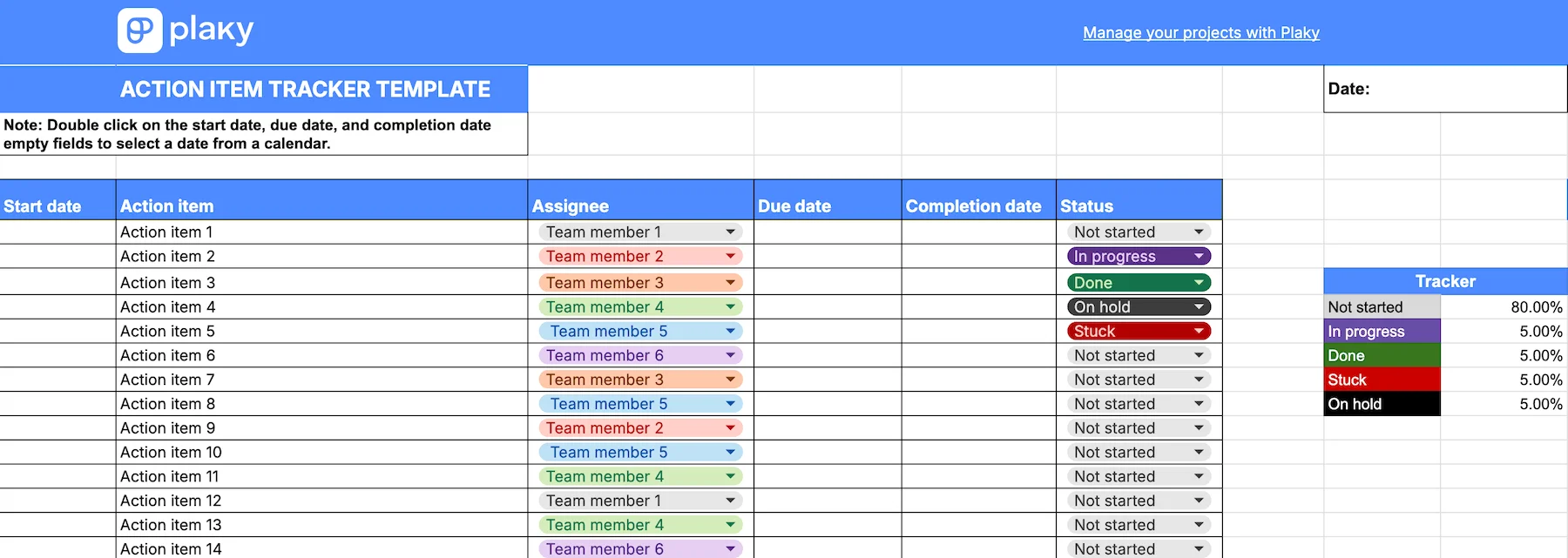 Plaky's Action item tracker template