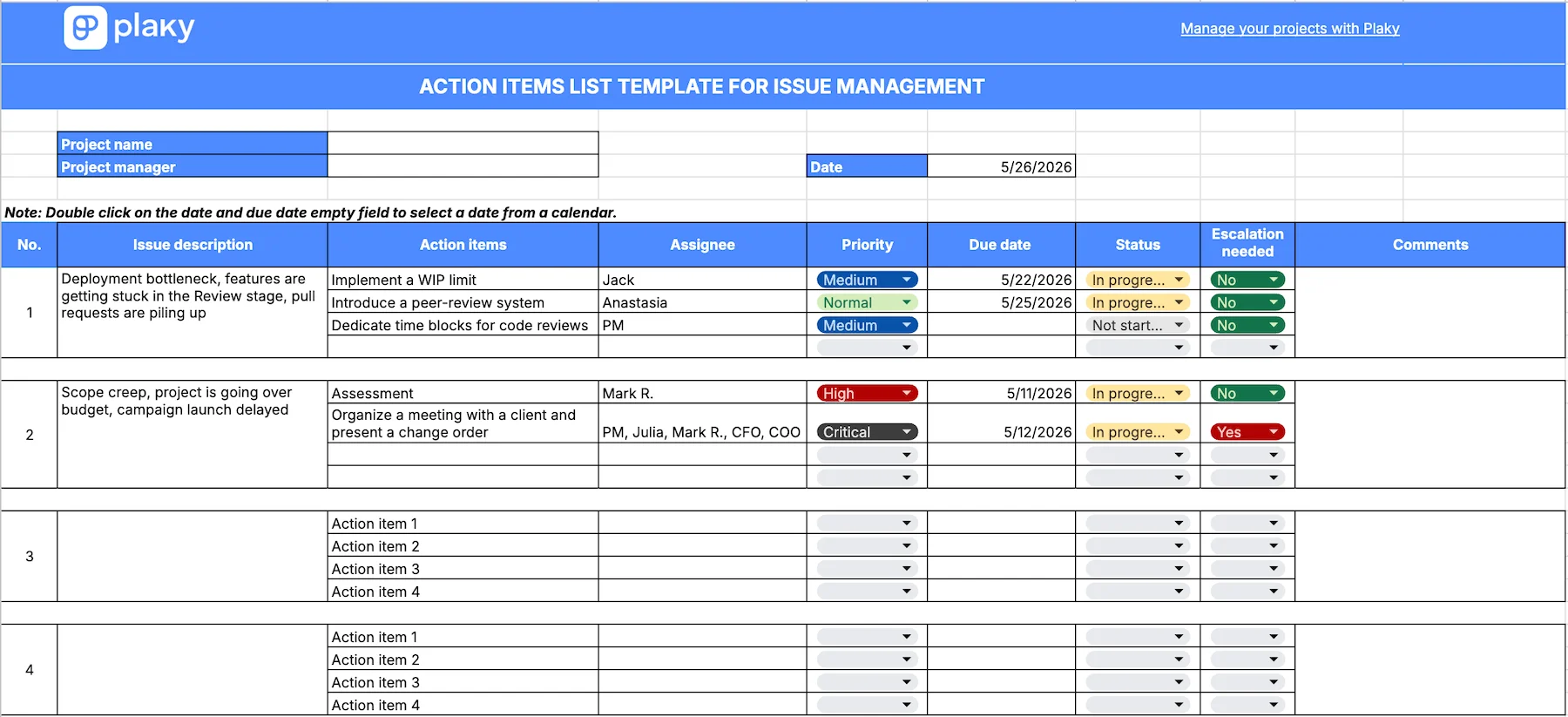 Plaky's Action items list template for issue management