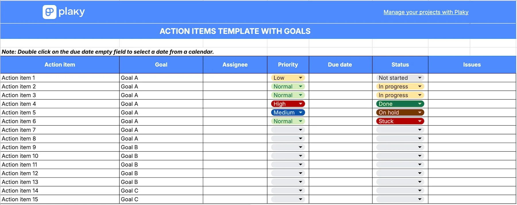 Plaky's Action items template with goals