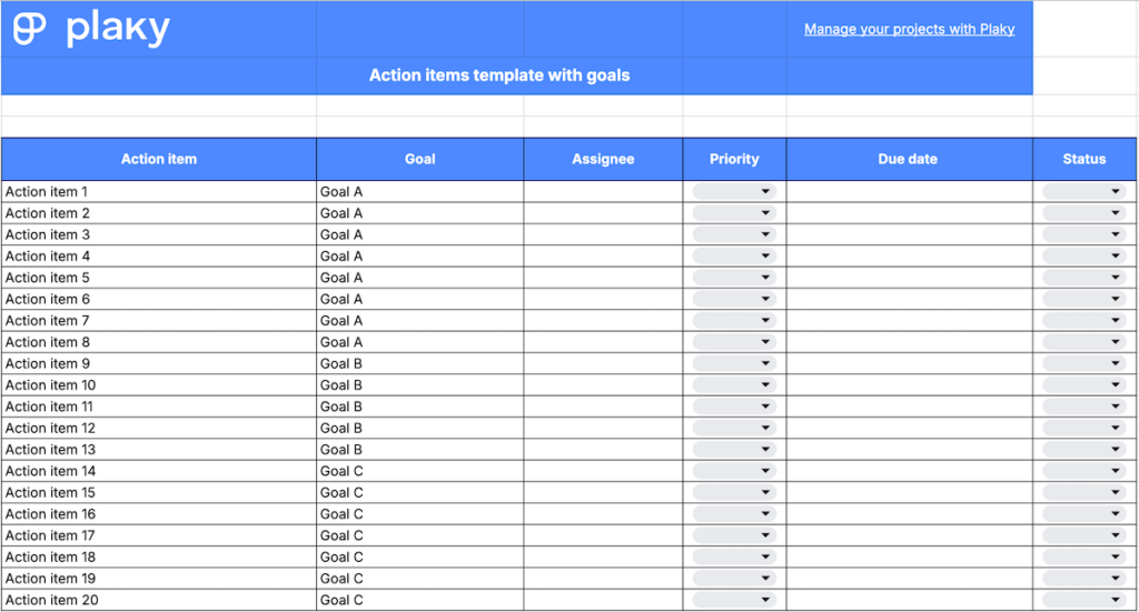 Action items template with goals